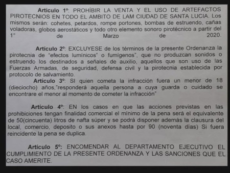 La Municipalidad de Santa Lucía comunica que se encuentra prohibido la comercialización y utilización de artefactos pirotécnico